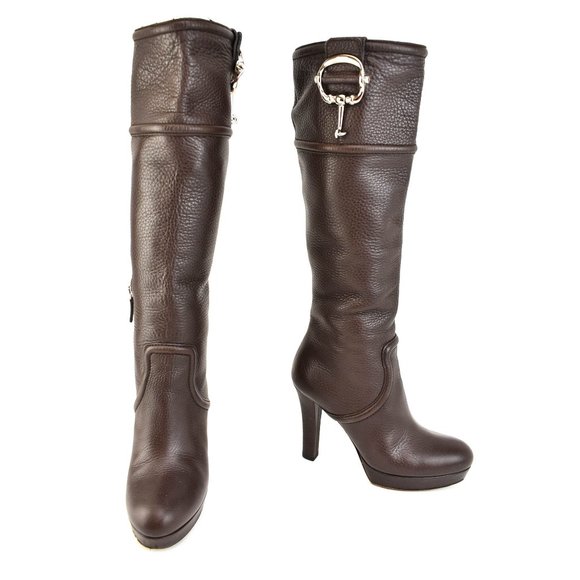 GUCCI: Brown, Leather & Silver Logo Horsebit Boots - Picture 1 of 12